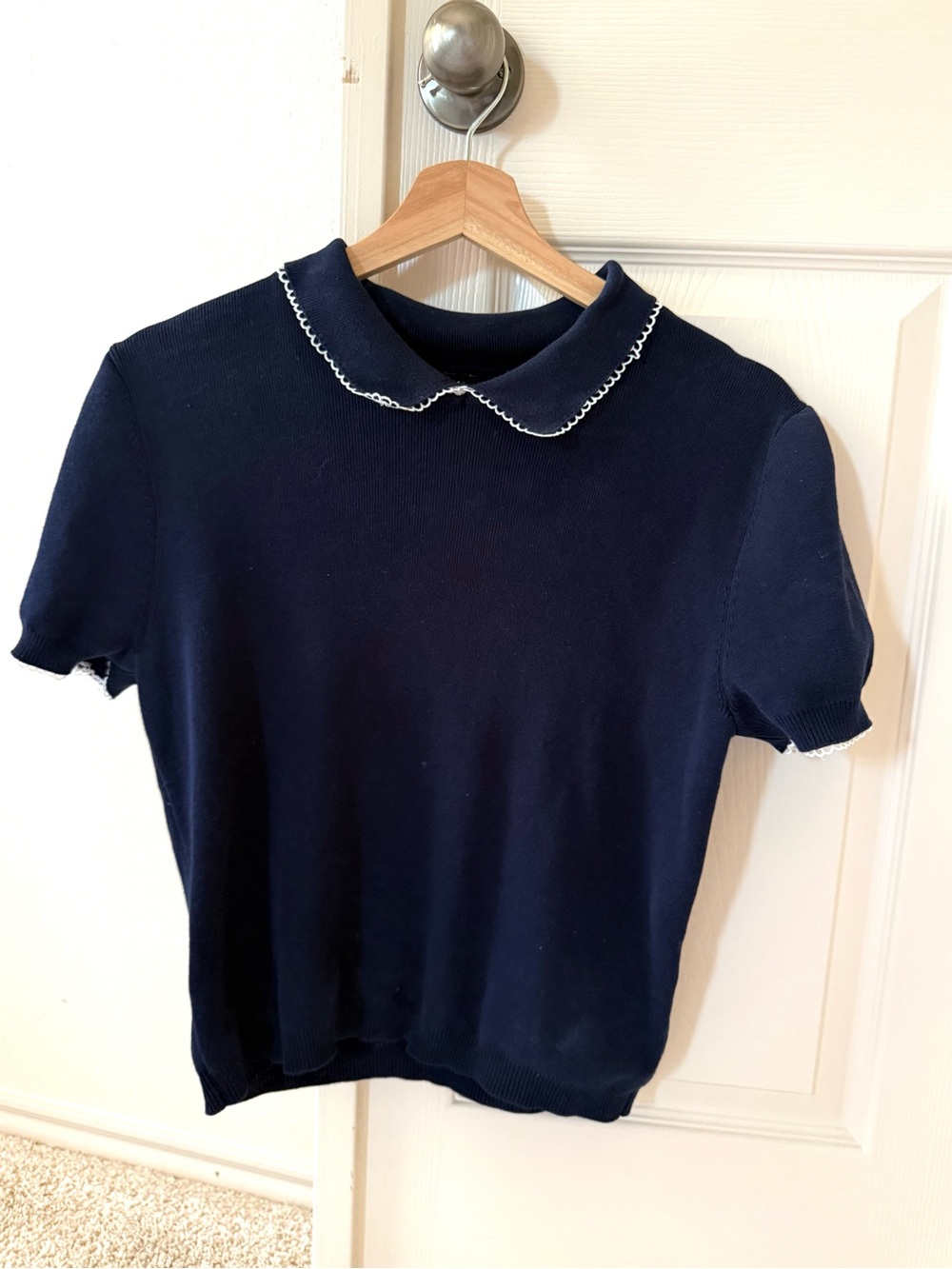Zara Navy Blue Short-Sleeve Polo Top with White Trim